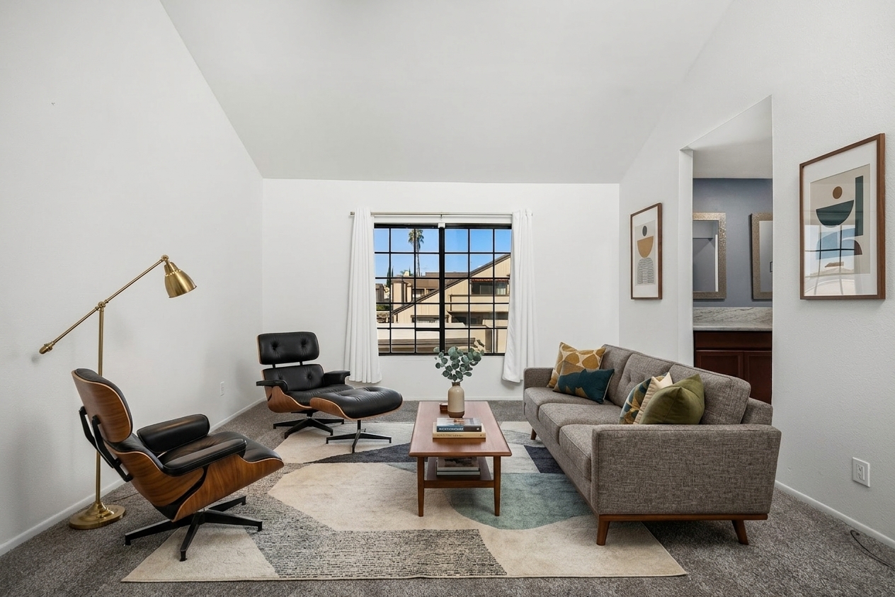 Living room staged in Mid-Century Modern style — real StageMLS render